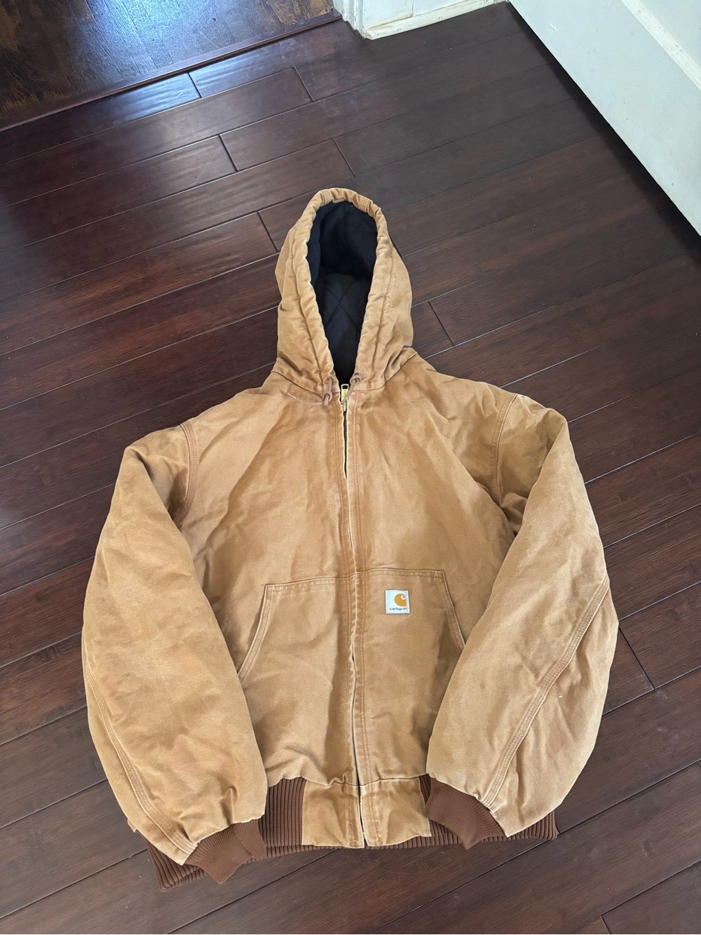 VTG Carhartt quilted lined canvas hooded jacket workwear men's L J140 Tan USA